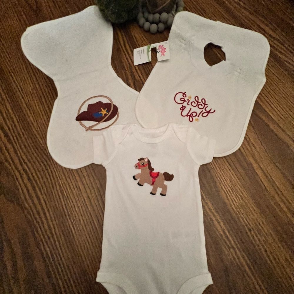 NWT, Embroidered 0-3 month Onesie, Burp Cloth and Bib Set